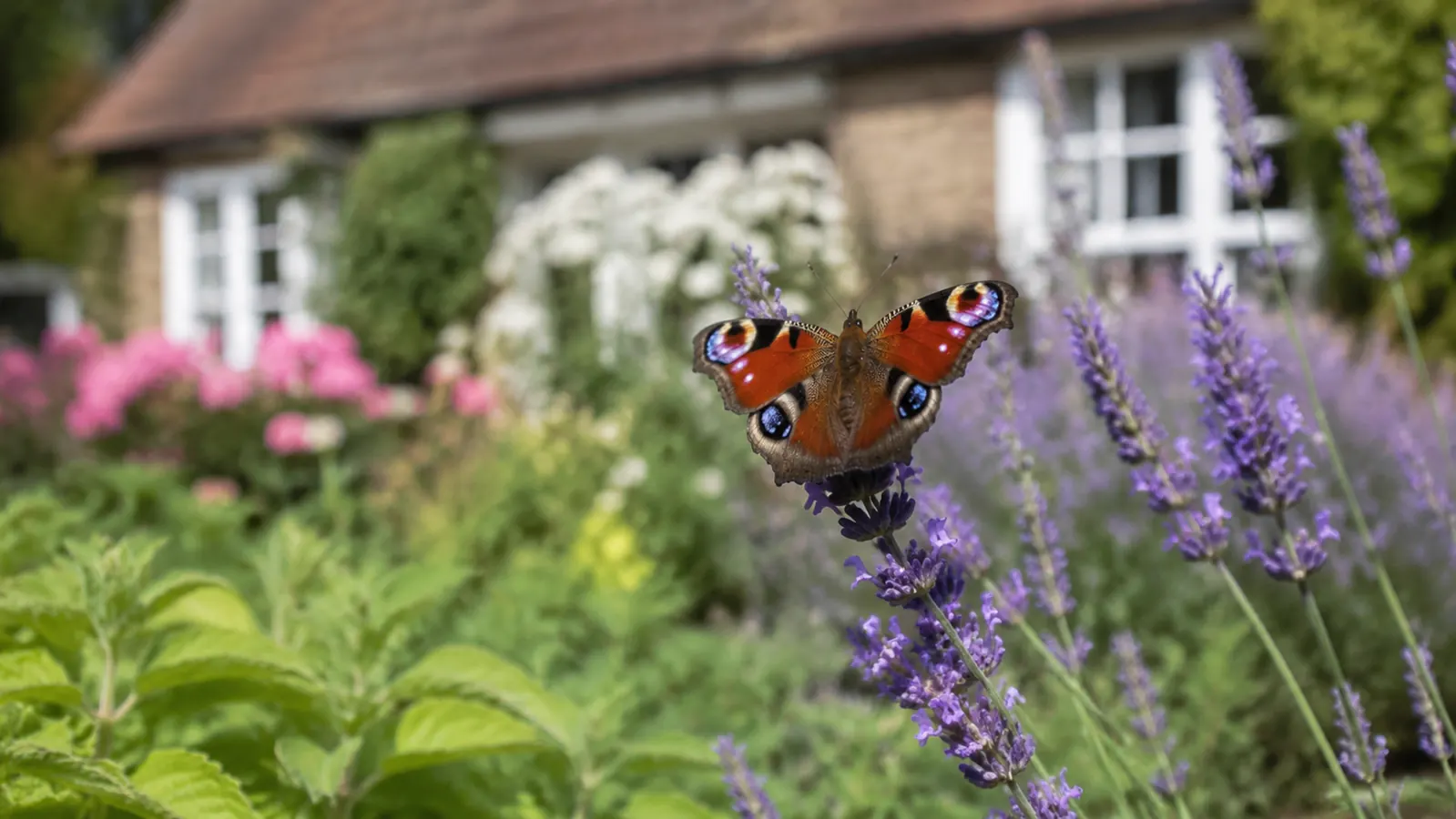 A peacock butterfly perching on lavender near an insect hotel in a sunny cottage garden