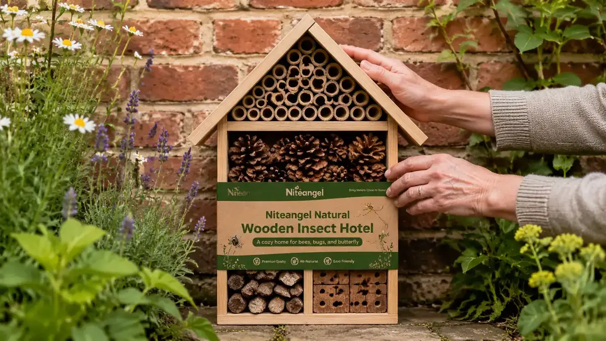 Insect hotel mounted on a south-facing garden wall next to a climbing rose, showing pine cones, hollow stems, and bark sections in individual chambers