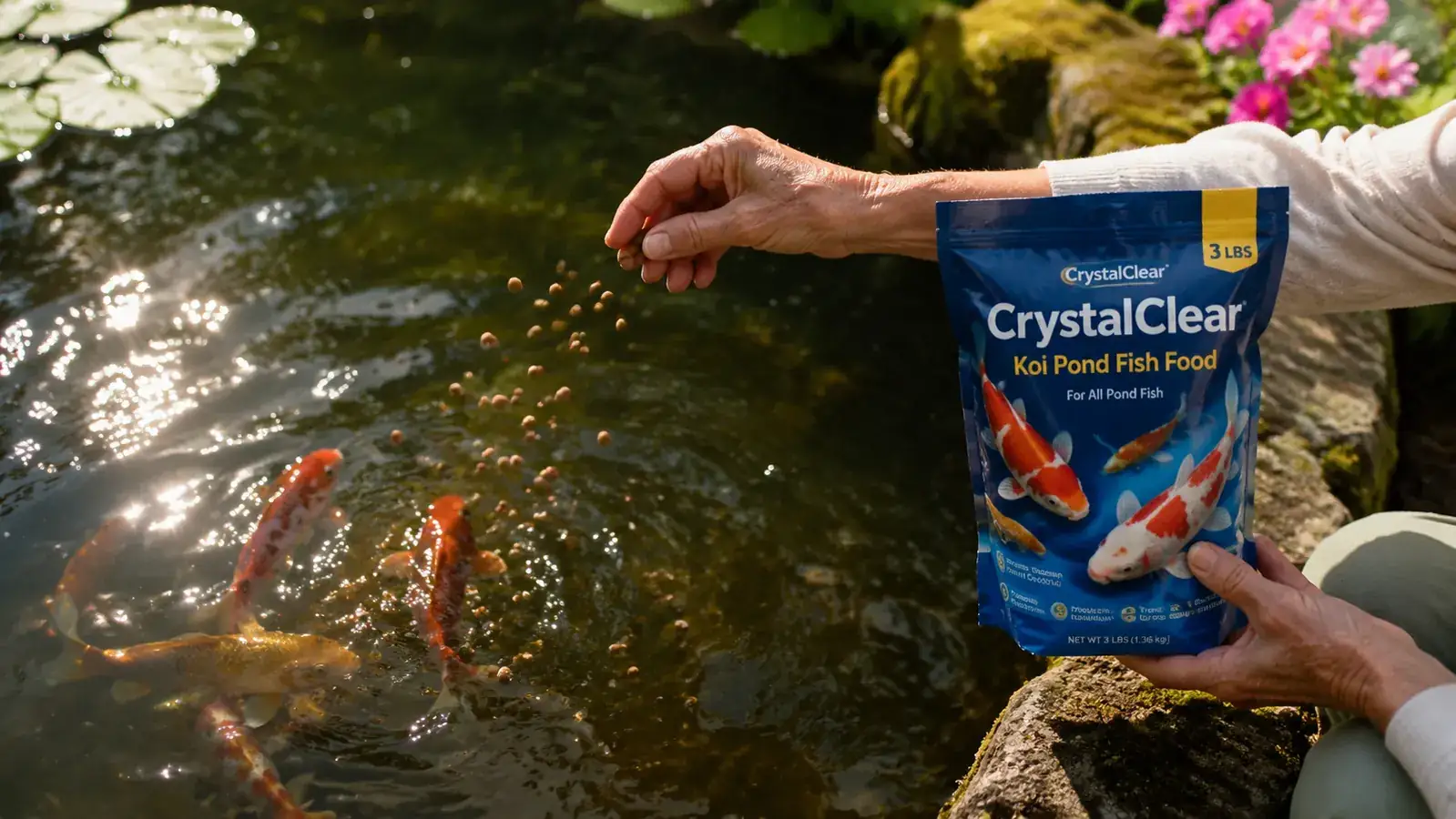 A hand scattering CrystalClear floating pellets onto the surface of a garden pond