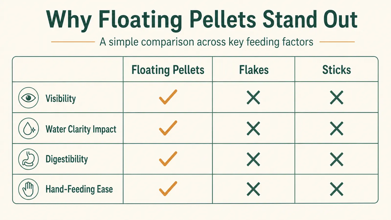 Side-by-side comparison of floating pellets versus sinking flakes and pond sticks