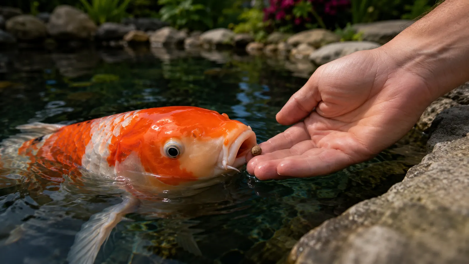 Koi feeding from an outstretched hand at the edge of a cottage garden pond