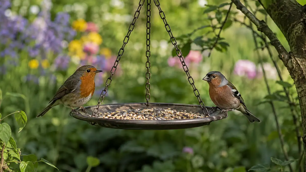 A robin and a chaffinch feeding side by side on a hanging garden bird feeder in late spring