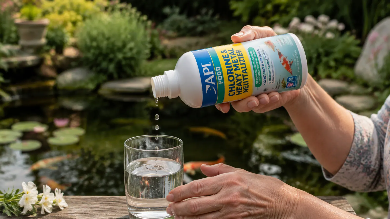 A hand adding water conditioner drops to a pond water sample in a glass jar, hosepipe in the background
