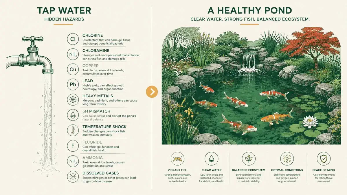Diagram showing ten harmful substances found in tap water alongside a healthy koi pond