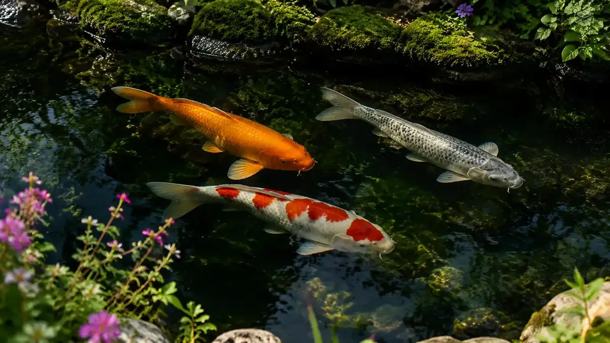 Mature koi swimming calmly near the surface of a well-maintained garden pond with clear water