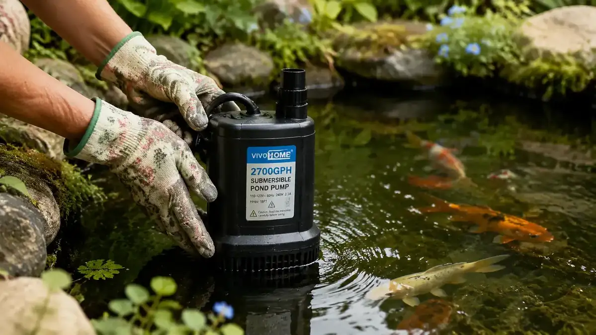 Close-up of a submersible pond pump being lowered into a koi pond by a pair of hands wearing garden gloves