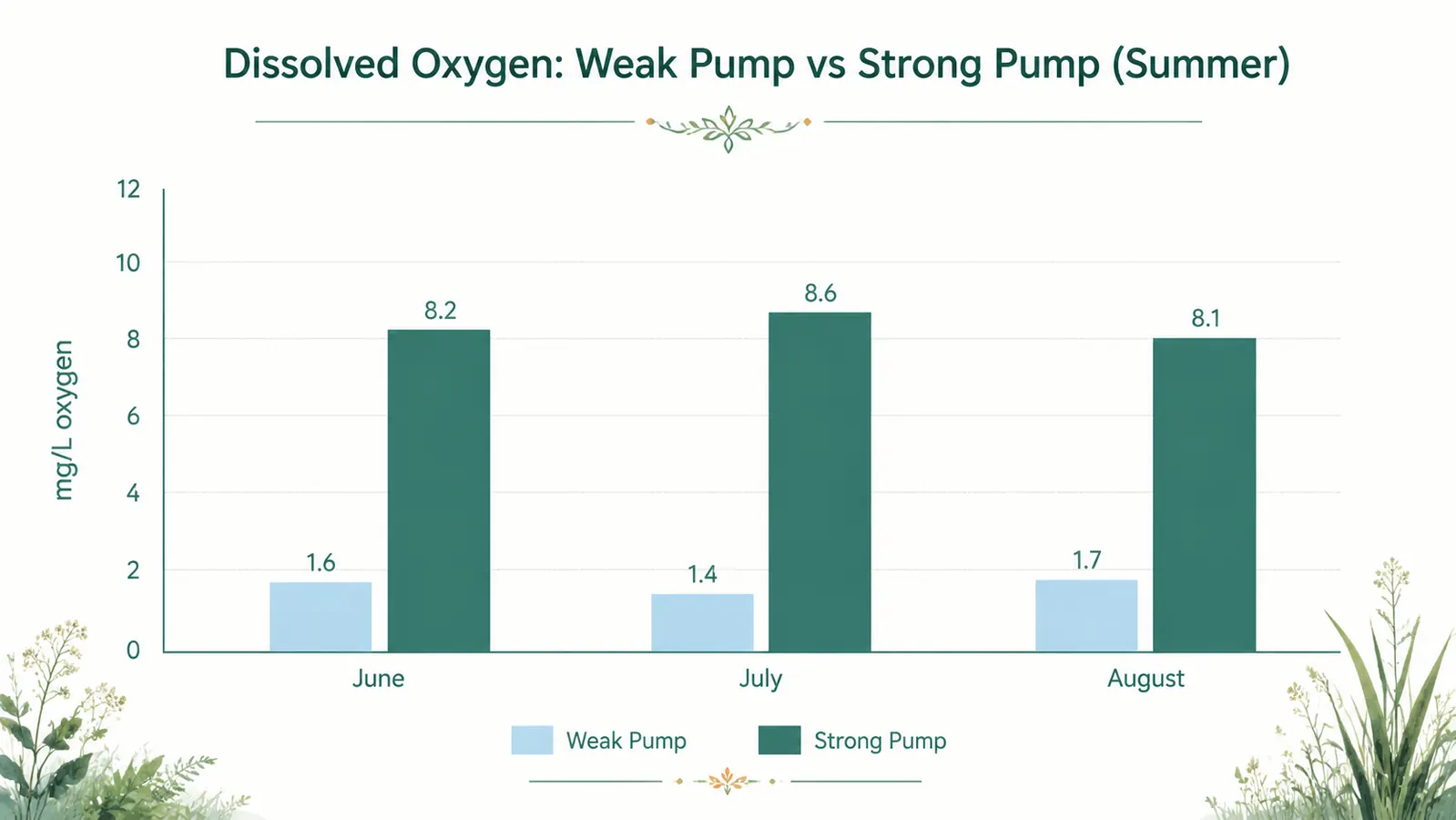 Chart comparing dissolved oxygen levels in a koi pond with a weak pump versus a powerful 2700GPH pump across summer months