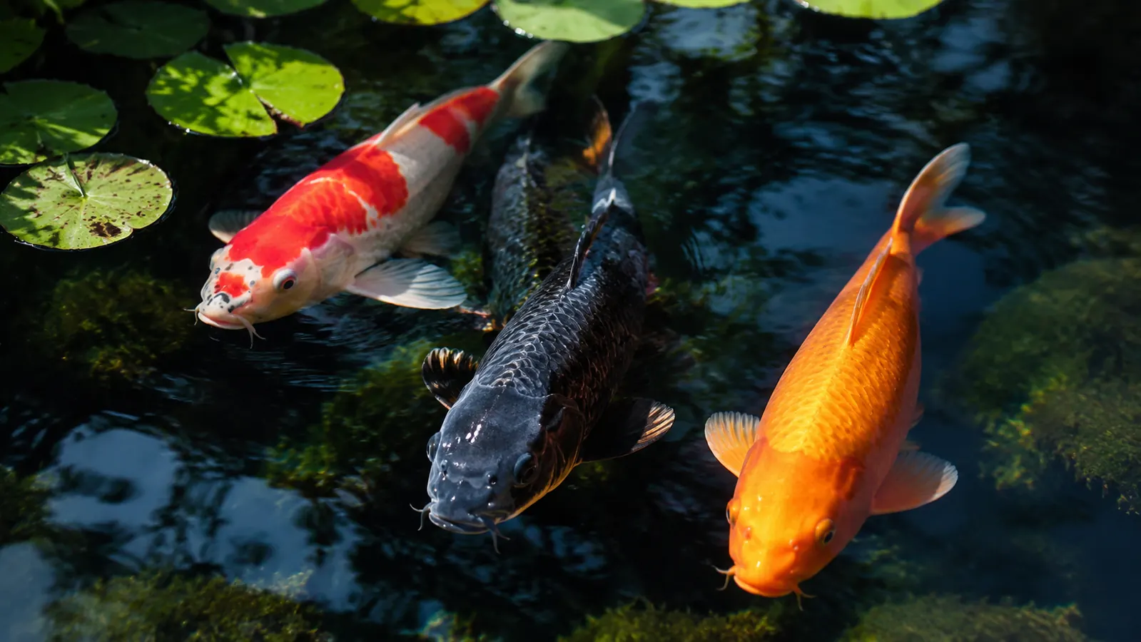 Large healthy koi swimming actively in a clear, well-oxygenated garden pond surrounded by water lilies