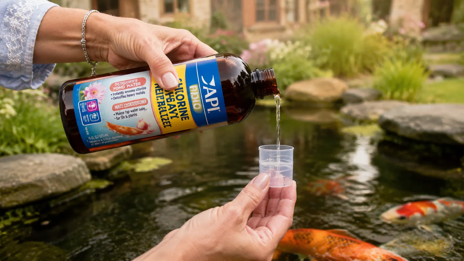 Hand holding API Pond Chlorine Neutralizer bottle over a garden pond while pouring a measured dose, koi visible in the water below