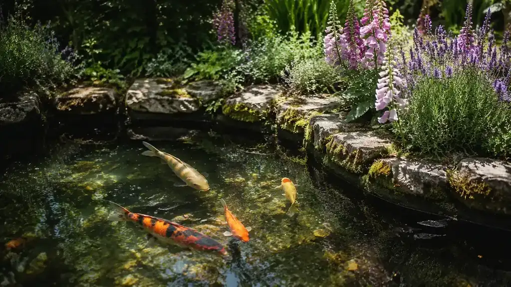 Koi fish swimming in clear, well-treated pond water near a stone edge surrounded by cottage garden planting