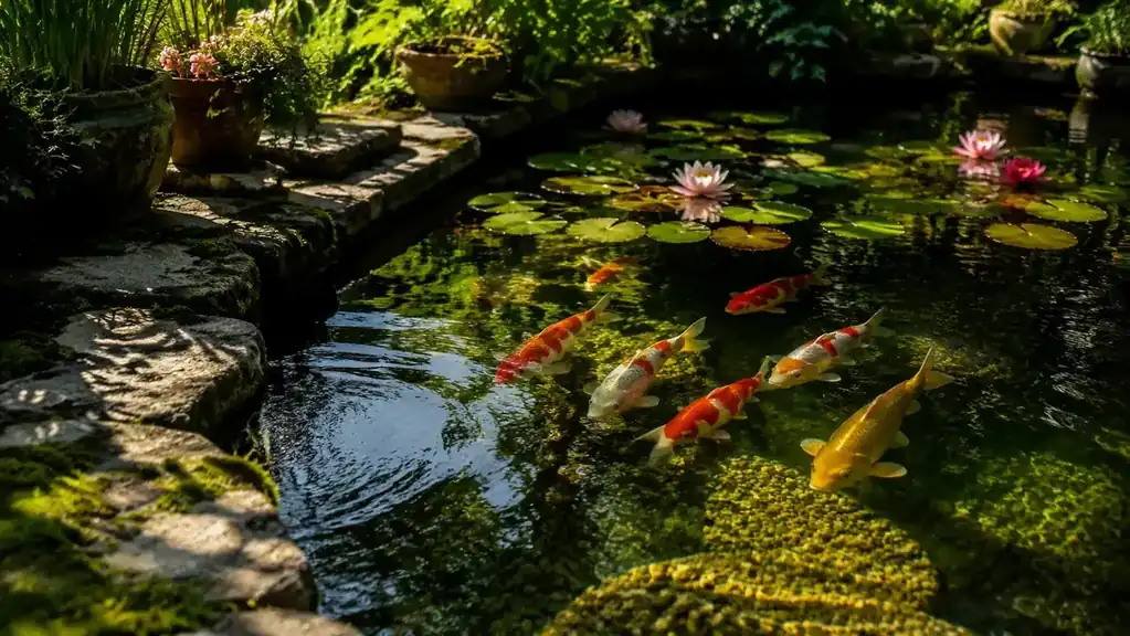 Healthy koi fish swimming in a clear garden pond surrounded by water lilies and stone edging