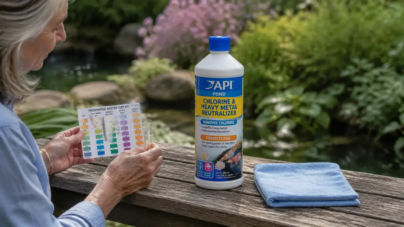 Close-up of an API Pond Chlorine Neutralizer bottle on a weathered wooden garden bench next to a pond water test kit