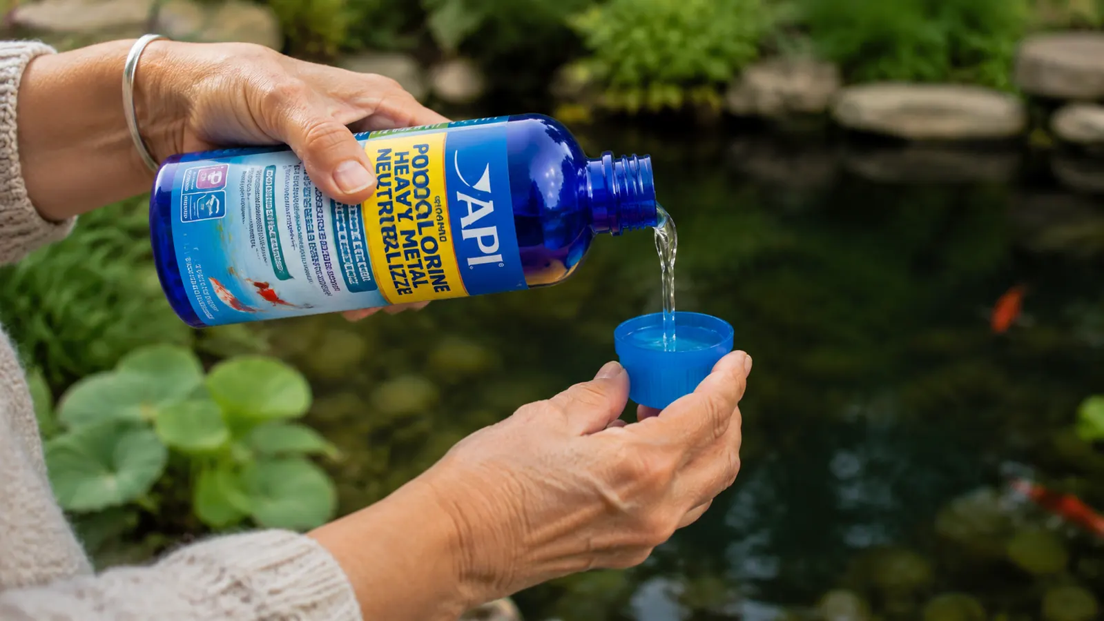 Close-up of the API Pond Chlorine and Heavy Metal Neutralizer bottle being tipped to measure a dose into a small cap