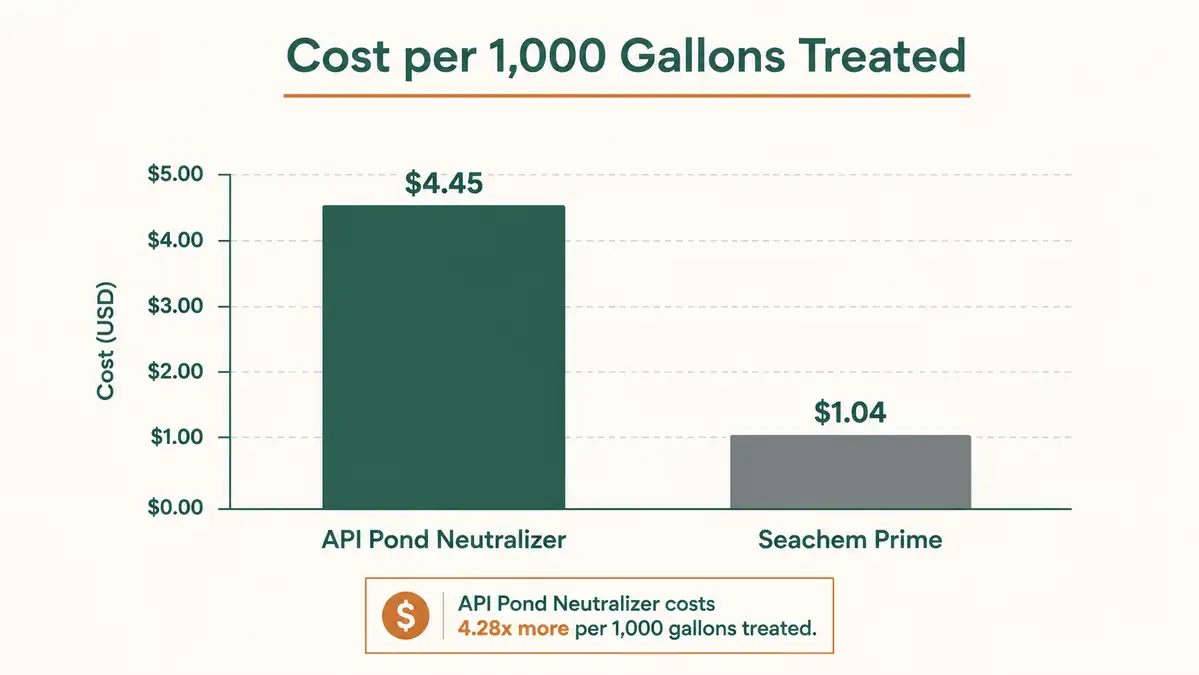 Simple bar chart comparing cost per 1000 gallons treated for API Pond Neutralizer versus Seachem Prime