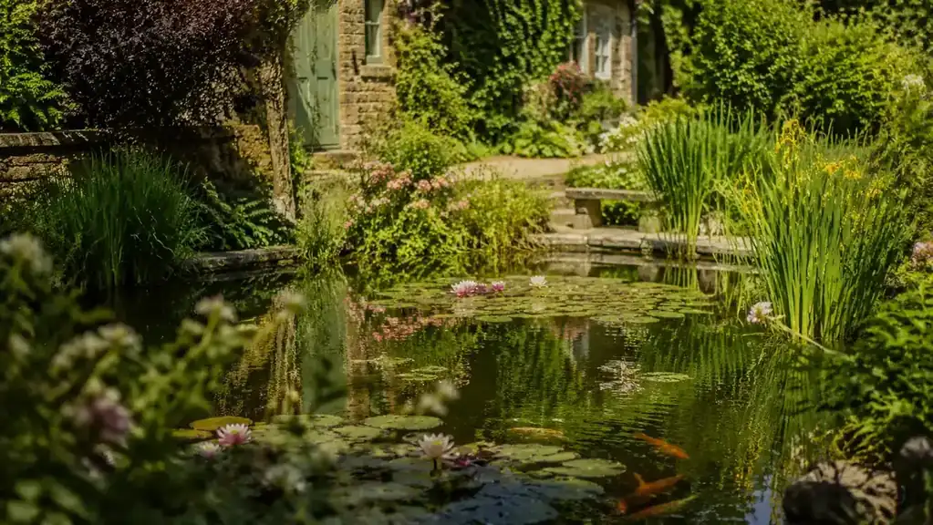 Colourful koi swimming near the surface of a clear garden pond surrounded by water lilies and marginal plants