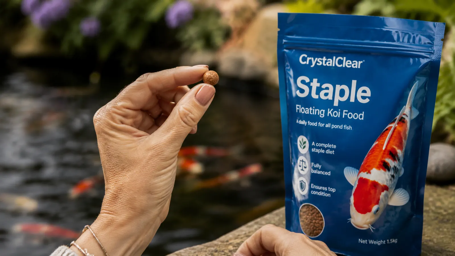 Hand holding a single CrystalClear Staple floating pellet between thumb and forefinger, showing the size and texture clearly