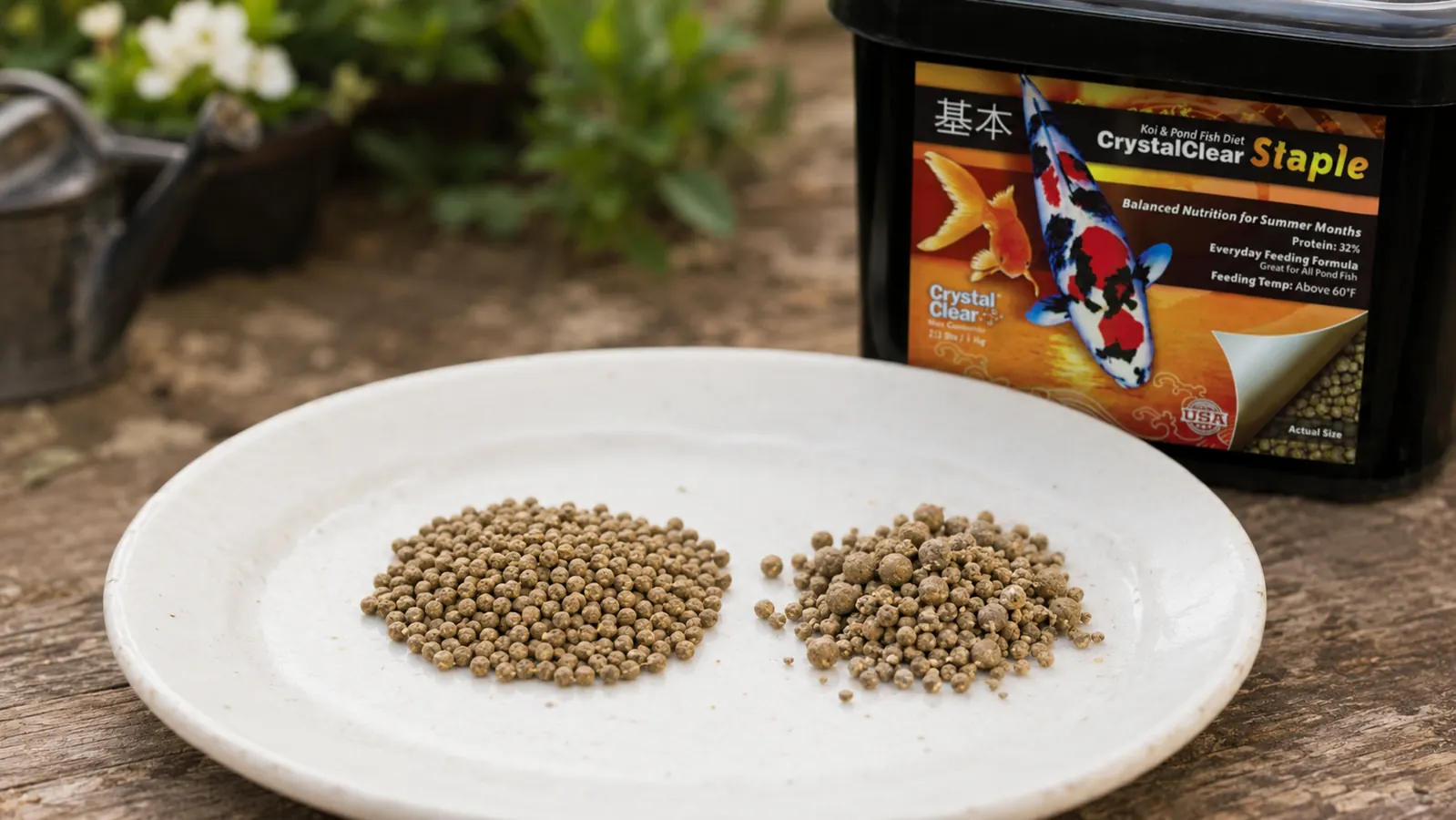 Two handfuls of koi pellets side by side showing noticeable size variation between pellets in the same bag