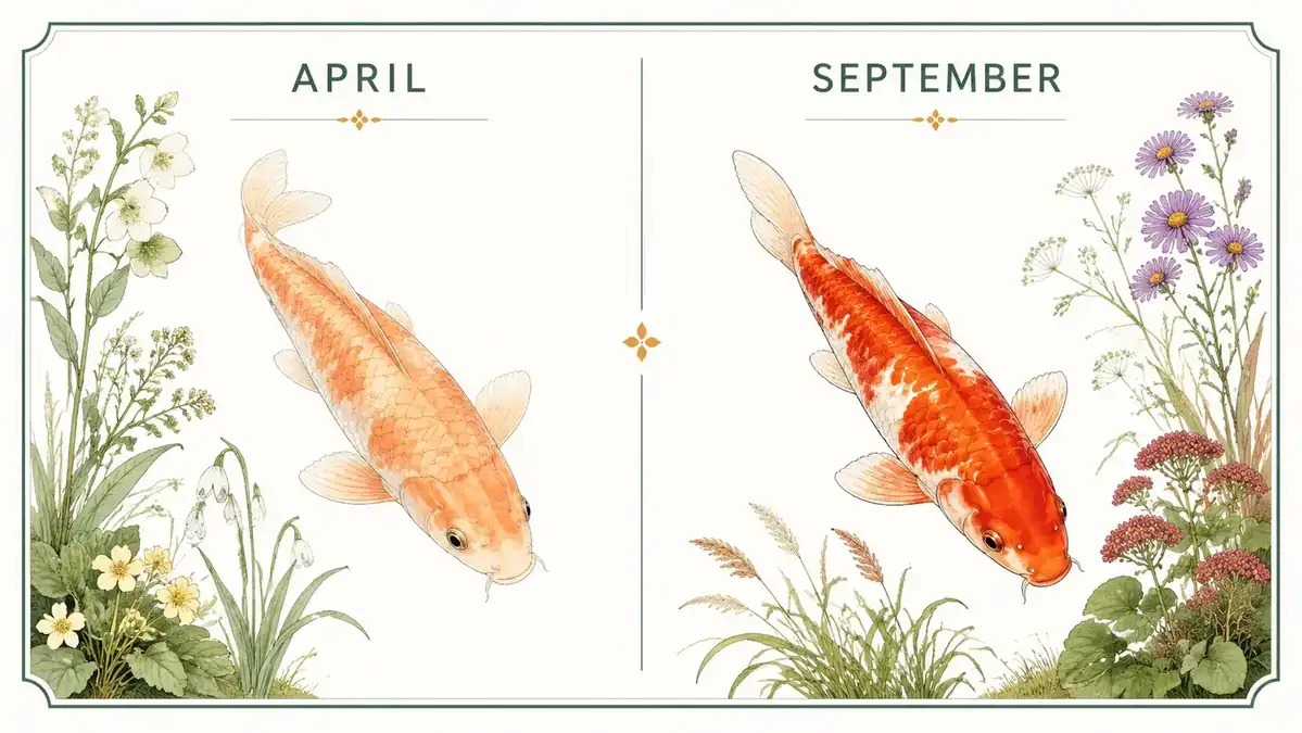 Side-by-side colour comparison of koi in April versus the same fish in September showing brighter orange and red tones