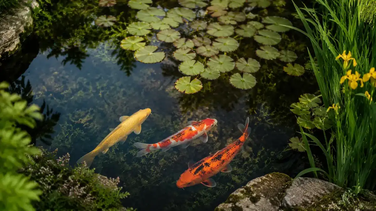 Koi swimming in clear, green-tinged pond water surrounded by water lily pads and marginal plants