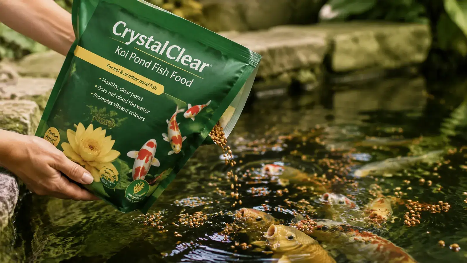 Close-up of floating koi pellets on the surface of a pond with fish lips visible just below the waterline