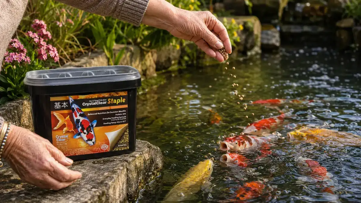 CrystalClear Staple pellets floating on the surface of a clear koi pond with fish feeding