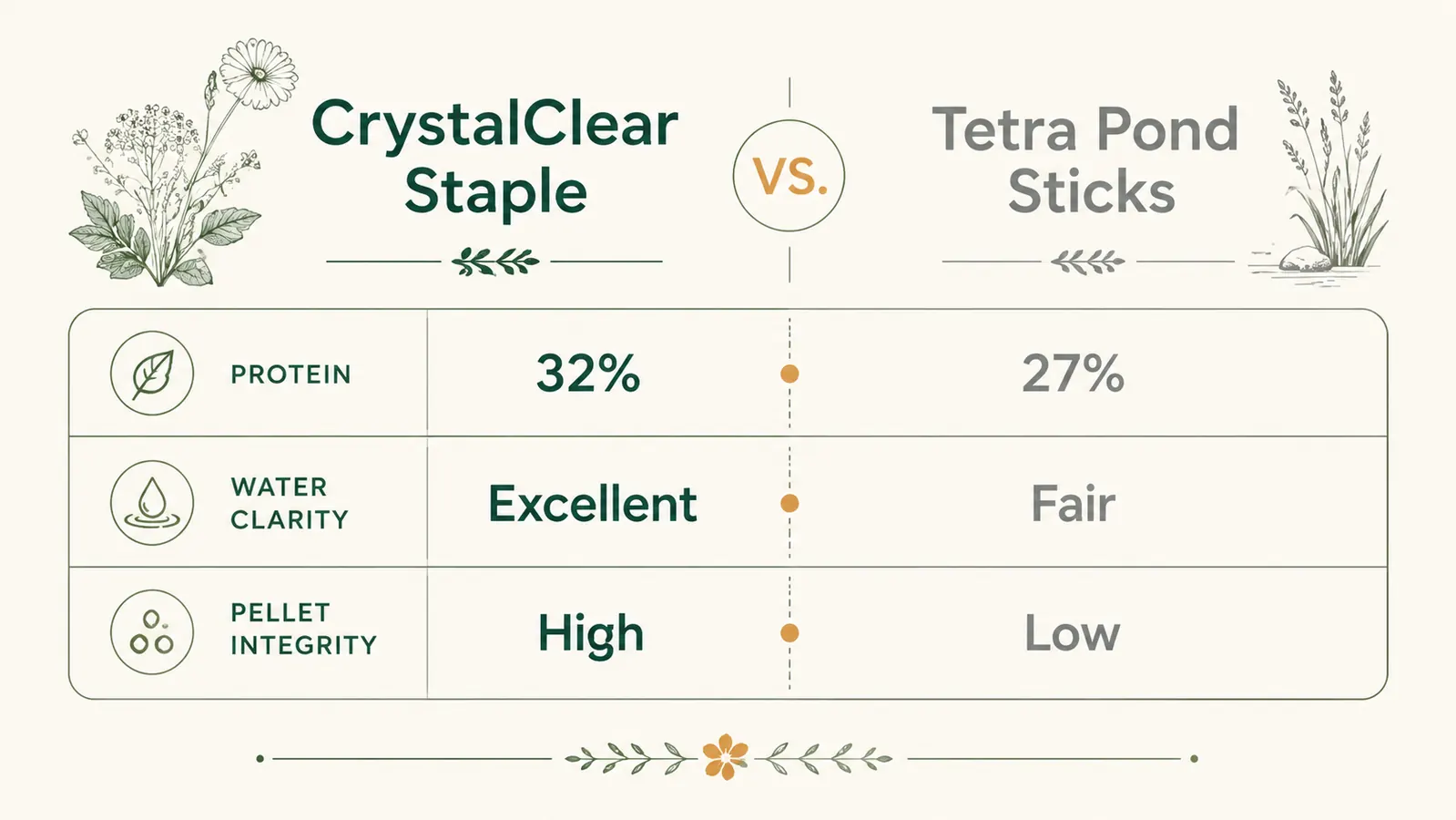Side-by-side chart comparing CrystalClear Staple and Tetra Pond Sticks on protein percentage, water clarity score, and palatability rating