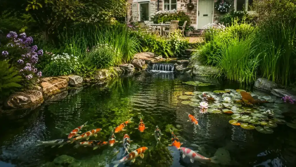 Healthy koi with vivid orange and white markings swimming near the surface of a clear pond surrounded by aquatic plants
