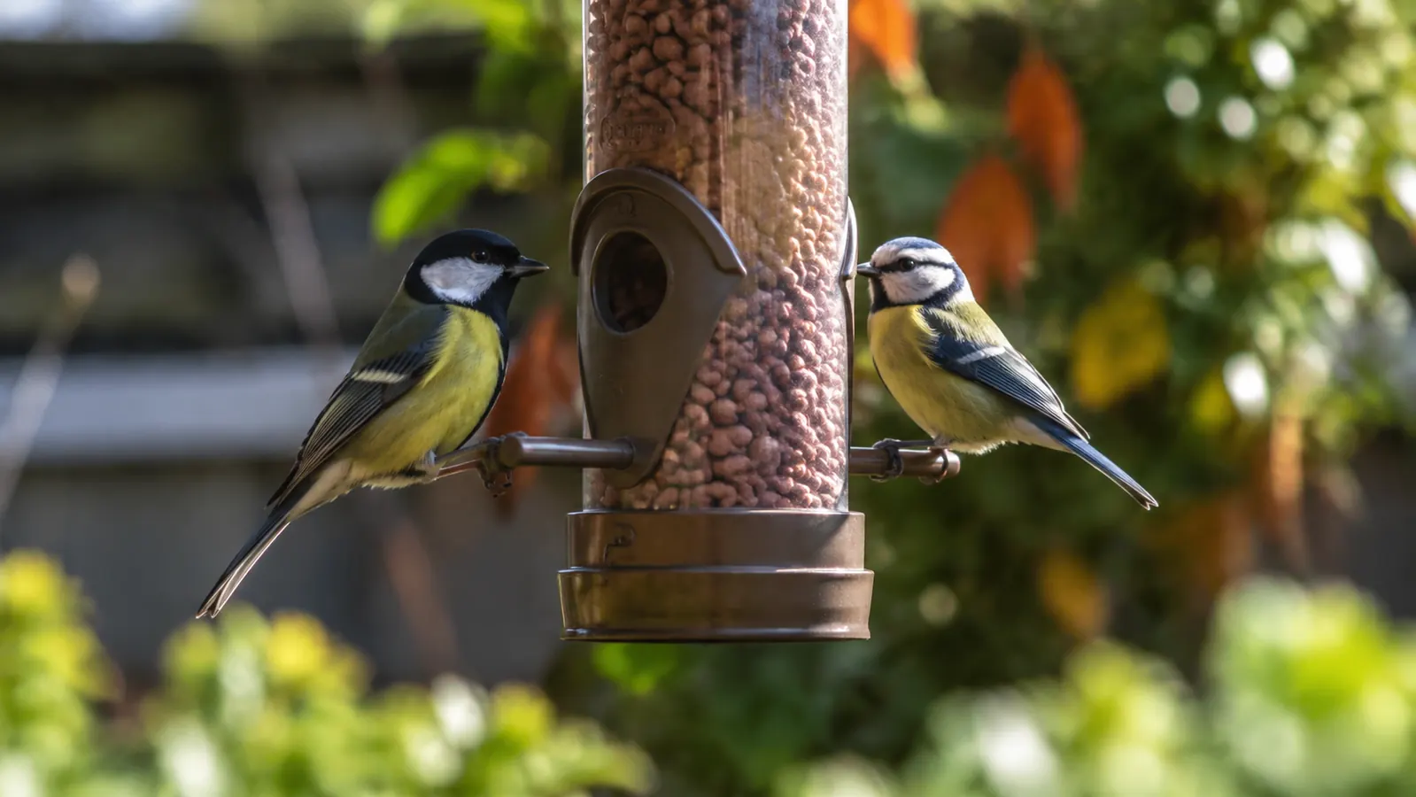 A great tit and a blue tit feeding together at ports on a hanging garden bird feeder