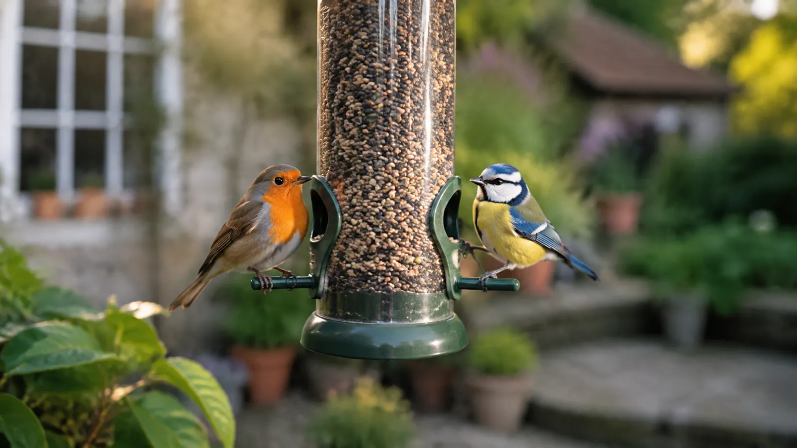 Close-up of robin and blue tit feeding simultaneously at the Hanizi feeder perches
