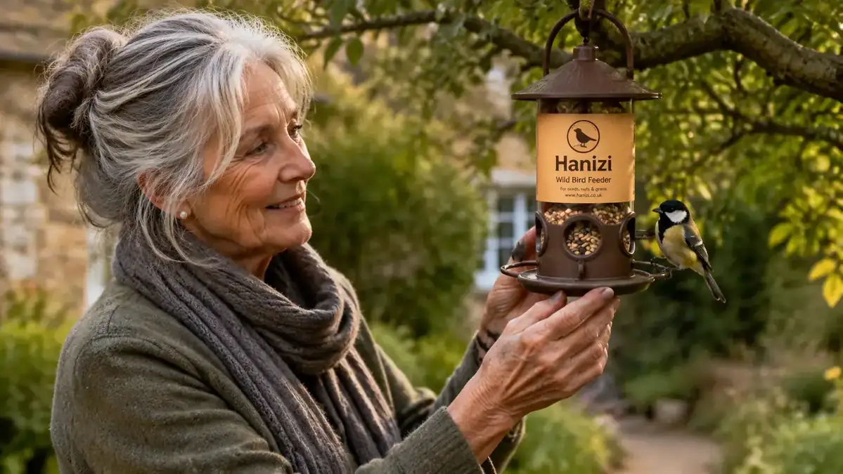 Close-up of the Hanizi bird feeder showing seed ports and perch ring with a great tit feeding