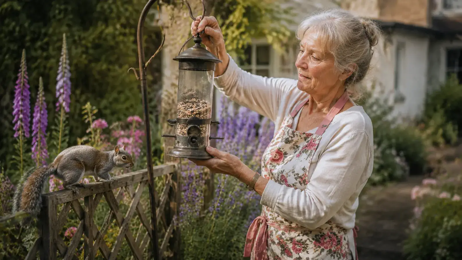 Older woman in a cottage garden refilling a bird feeder while a squirrel watches from a nearby fence