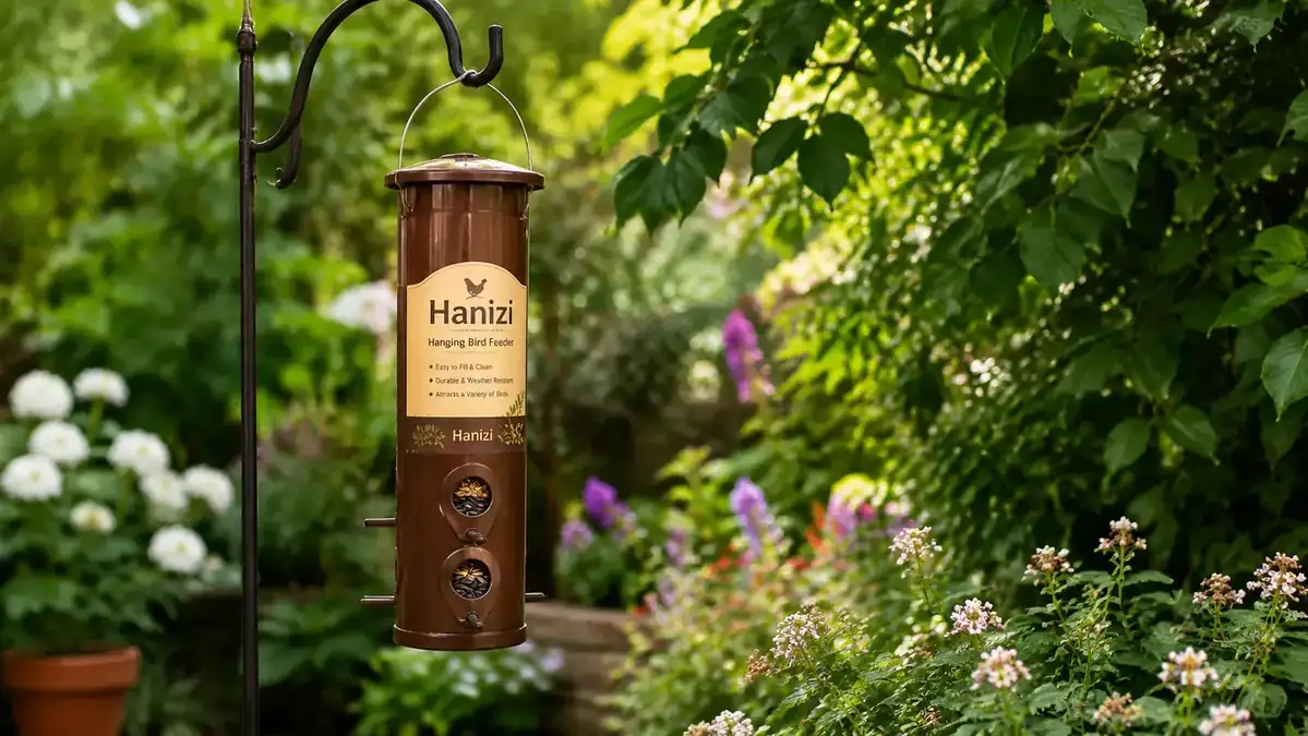 Hanizi brown hanging bird feeder with sunflower seeds in the ports, suspended from a garden hook among green foliage