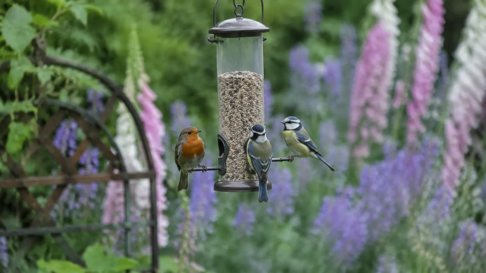 A robin and two bluetits feeding together at a hanging feeder in an English cottage garden
