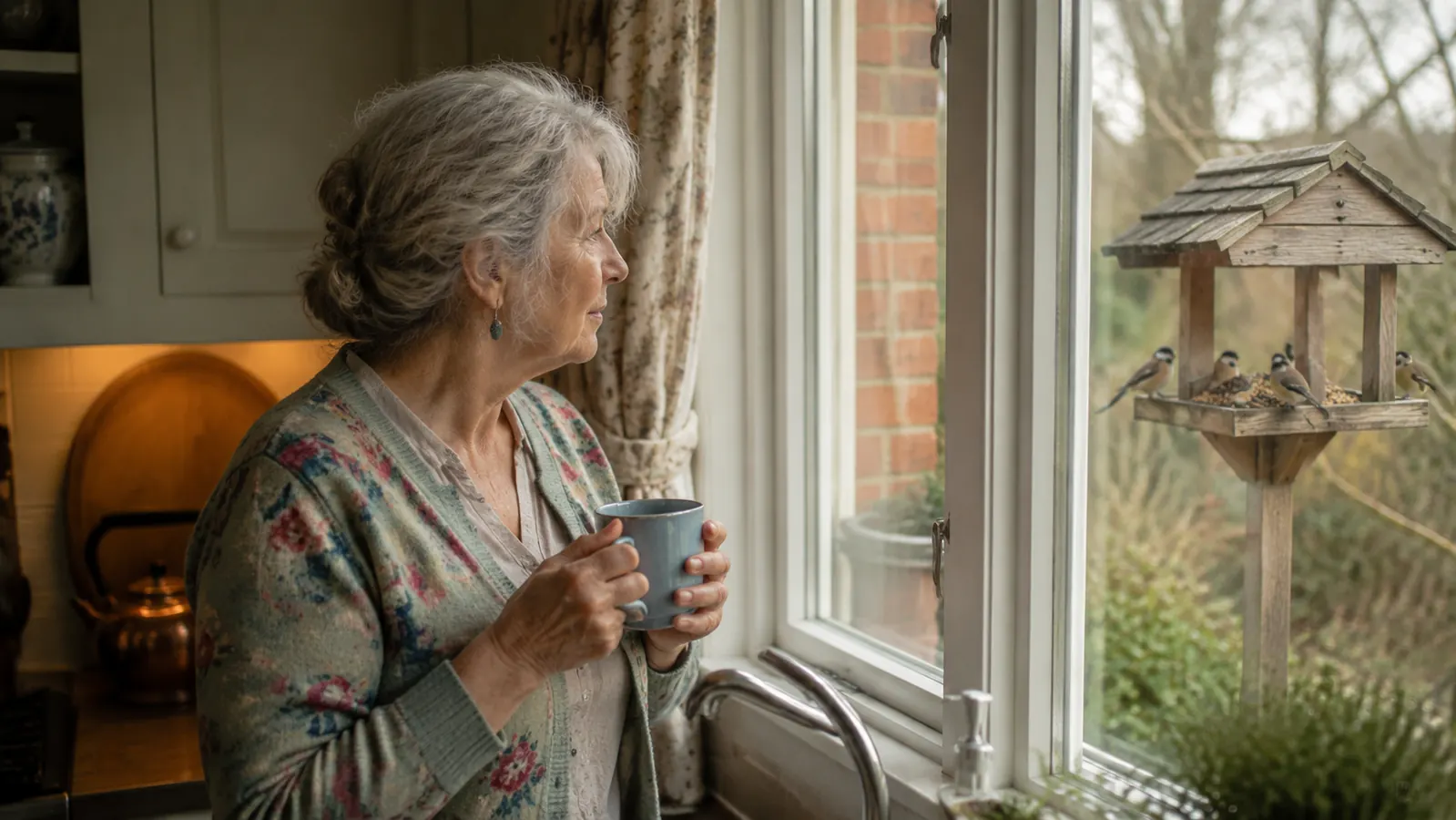 Older woman in a garden cardigan holding a mug of tea and looking out of a kitchen window at birds on a feeder in the garden