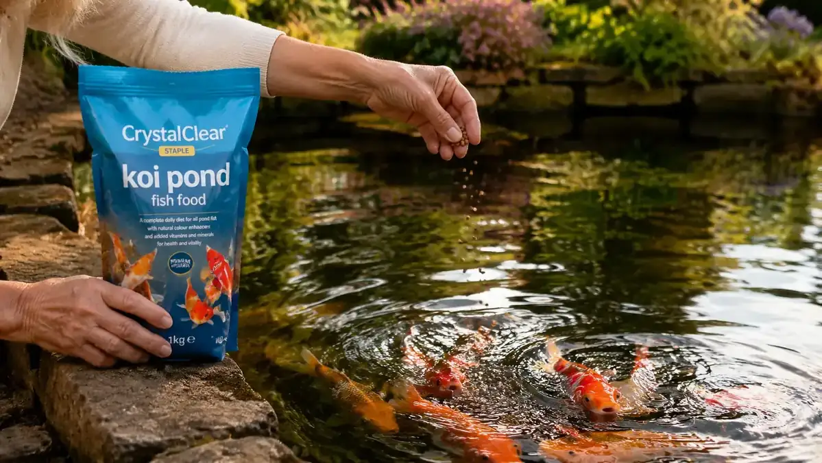 A hand scattering CrystalClear Staple floating pellets onto the surface of a garden pond, fish rising to feed