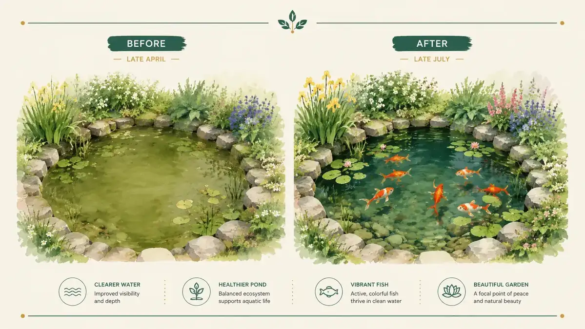 Two side-by-side views of the same garden pond, left showing murky green water, right showing clear water with vibrant goldfish visible