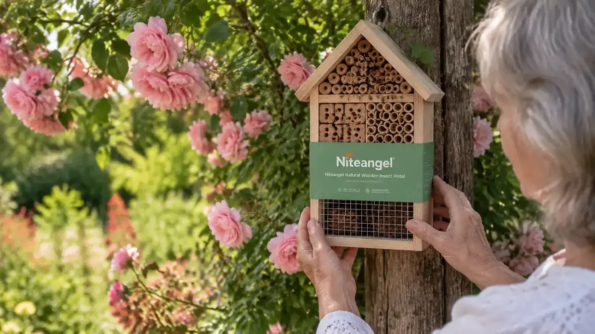 Niteangel wooden insect hotel mounted on a garden fence post surrounded by climbing roses