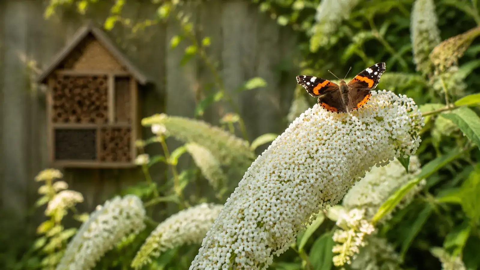 Cottage garden border in late summer with red admiral butterfly on a white buddleia flower and insect hotel visible in the background