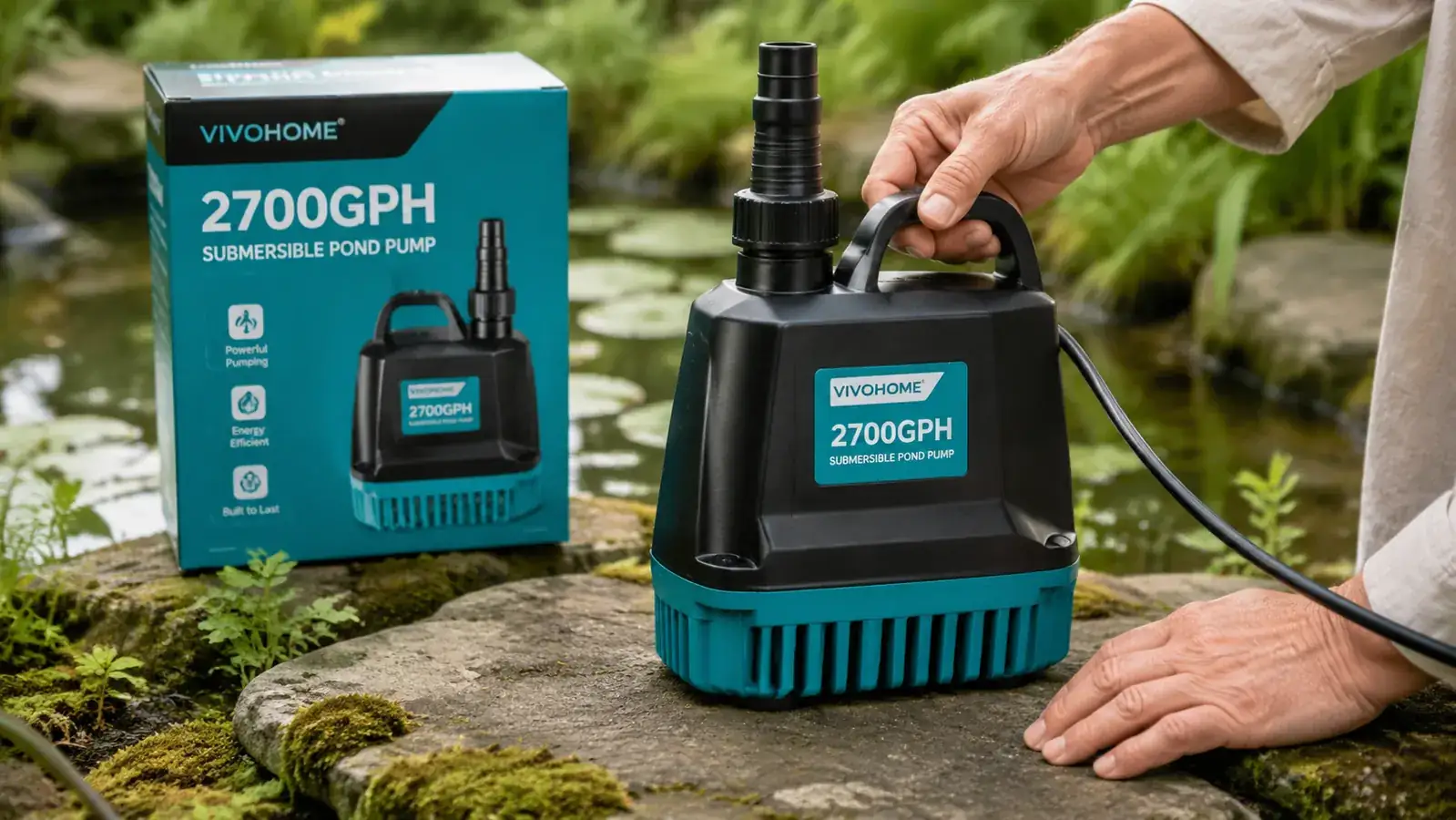 A VIVOHOME submersible pond pump sitting on a flagstone beside a garden pond, with green water plants visible in the background