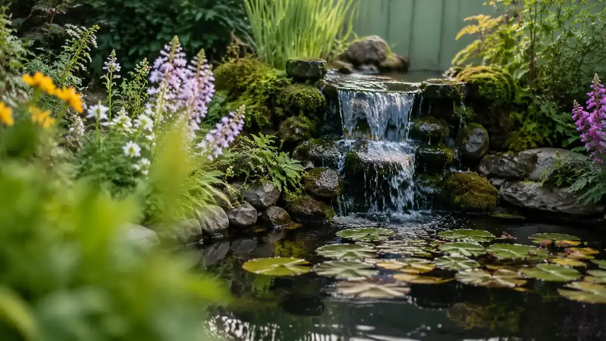 A pond pump creating a gentle waterfall cascade over smooth garden stones, surrounded by ferns and water-loving plants in an English garden