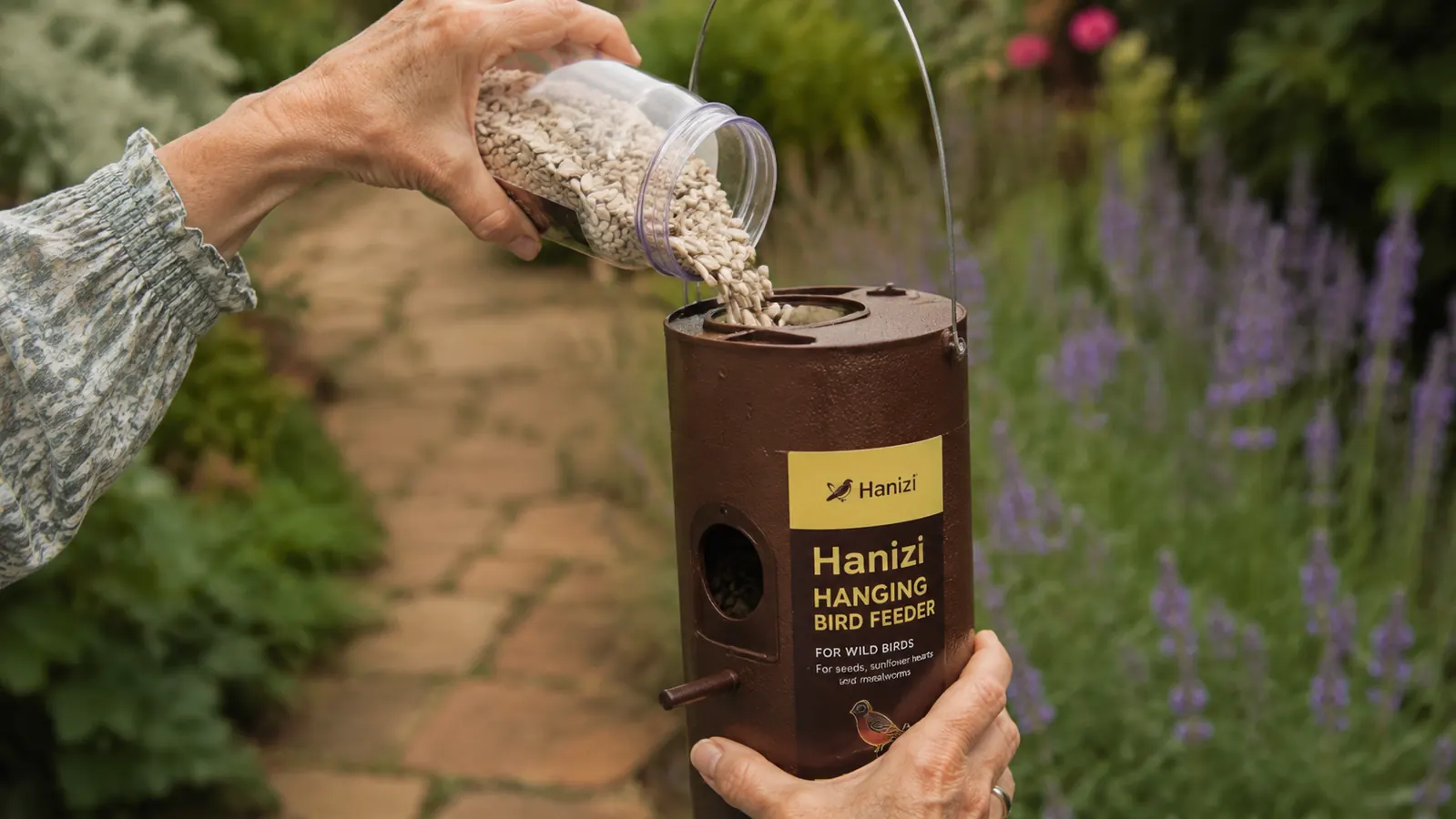 A hand filling the Hanizi hanging bird feeder with sunflower hearts over a garden path