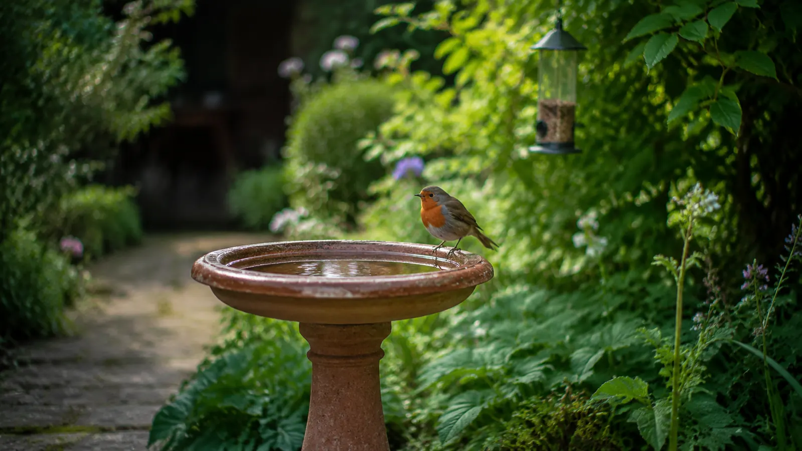 A garden bird bath with a robin perching on the edge beside a hanging feeder
