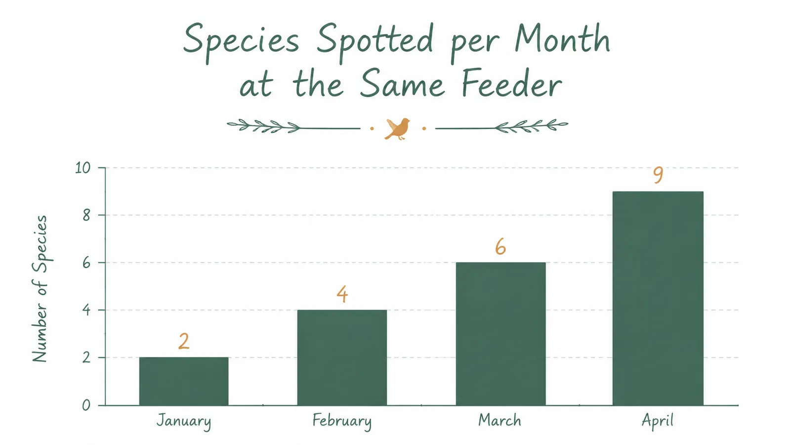 Chart showing bird species count by month, rising from two in January to nine by April after feeder improvements