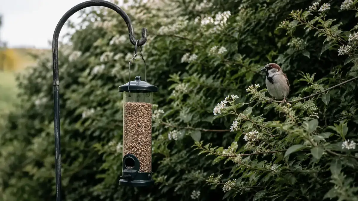 A quiet cottage garden corner with dense shrubs, a feeder hanging from a shepherd's hook, and a sparrow on a nearby branch