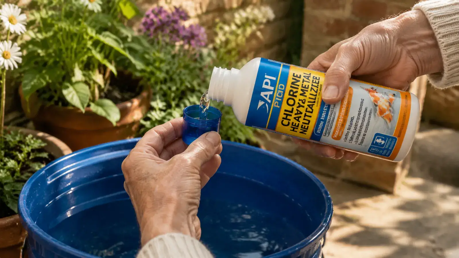 Hand holding a small measuring cap over a bucket of tap water with an API bottle beside it