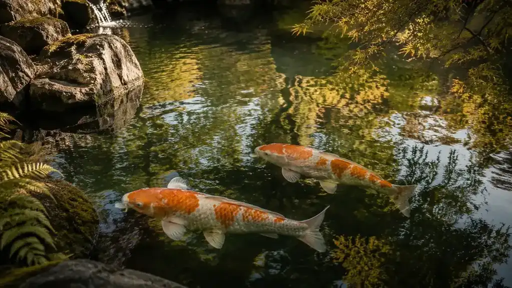 Koi swimming calmly near the surface of a clear garden pond after a water change