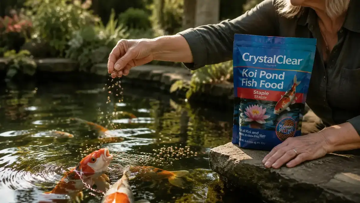 Hand dropping floating koi pellets onto the surface of a clear garden pond
