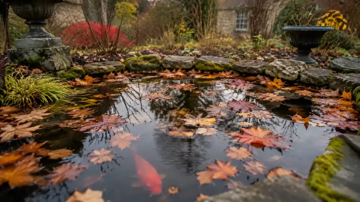 Autumn koi pond with fallen leaves on the water surface and goldfish visible below