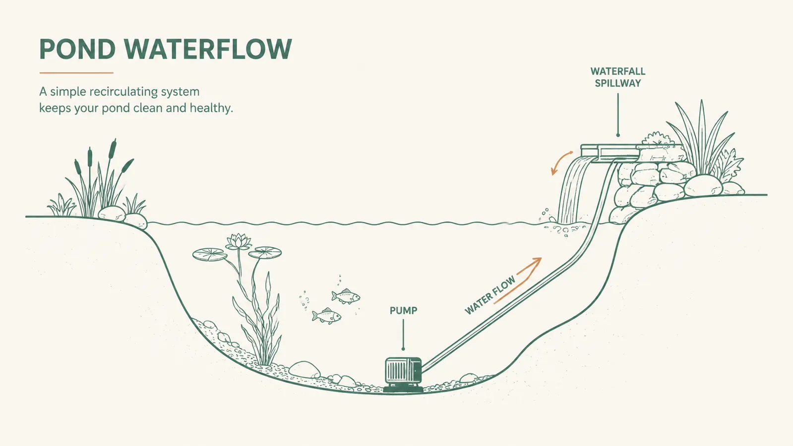 Diagram showing correct pond pump placement at the deepest point, tubing rise angle, and waterfall return position