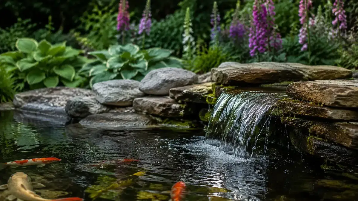 A koi pond with clear water and active water movement from a small waterfall, surrounded by cottage garden planting